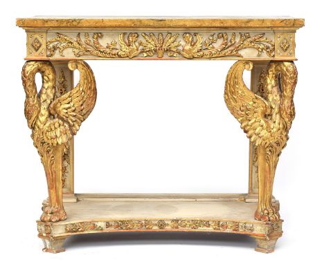 A 19th century painted and gilt gesso Italian console table, the painted rectangular top over a carved frieze with central wh