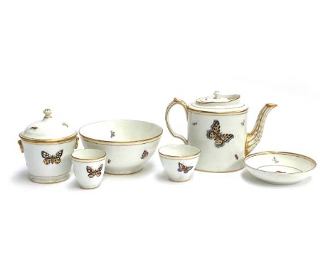 A porcelain Nyon style tea service in decorated with butterflies and insects, teacups (10), coffee cups (10), saucers (10), t