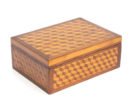 A 19th century Tunbridge ware box with tumbling blocks inlay, 30cmW