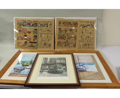 print of a tram, and two framed watercolours (3)