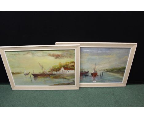 R Kraiewski, pair of oils depicting riverside scenes, signed and dated '83, housed in hessian mounted glazed frames, the oils