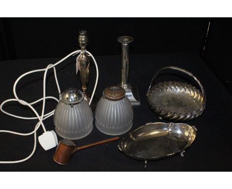 Plated table lamp, candlestick, oval dish, basket with handle, copper measure, two glass lampshades (7)