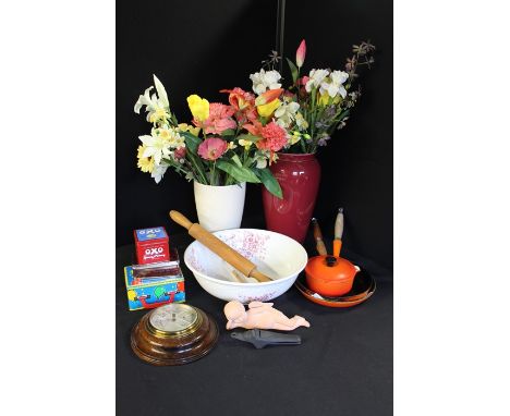 Mixed lot. Wash bowl, rolling pin, cast iron nut crackers, Le Creuset pans,, Oxo tin, barometer, two vases containing artific