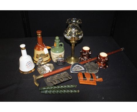 Works of art, to include agolfer, hipflask, miner in agate, a lamp, walking stick, Bells decanters, etc, (qty)