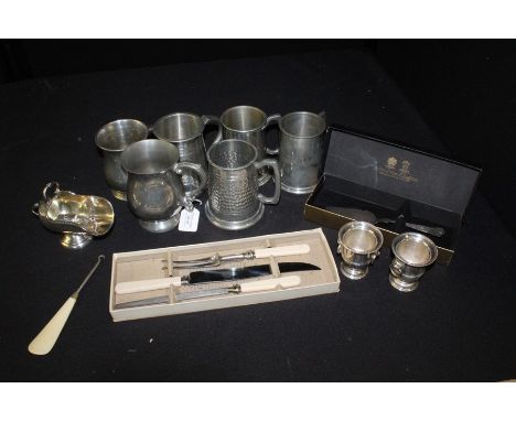 Collection of pewter, to include six tankards, two salts, scuttle, button hook, carving set, slice
