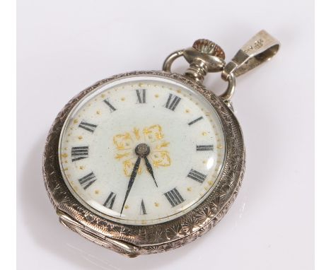 Continental ladies silver open face pocket watch, the dial with Roman numerals, the caseback with remains of floral enamel de