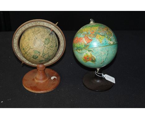 Metal globe, with a Bakelite stand, together with another globe, (2)