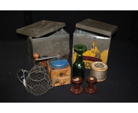 Objects, to include two advertising biscuit tins, a coffee grinder, Grolsch glass, a wire work tea pot, two pottery sticks, a