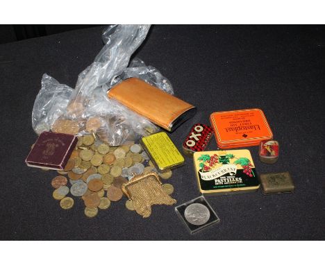 Collection of UK coins, tins, hip flask, gilt mesh purse (qty)