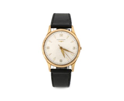 Longines 9 carat gold gentleman's wristwatch, the signed silver dial with Arabic and triangular numerals, manual wound, the c