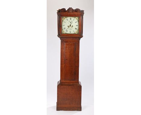 George III oak longcase clock by George Suggate of Halesworth, the scrolled pediment above two reeded pillars, the painted di