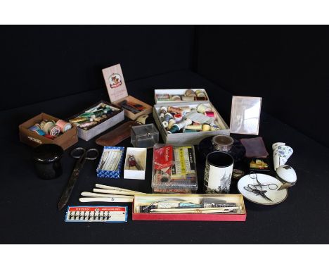 Works of art, to include a miniature a miniature display case, sewing related items, box, Limoges egg, inkwell, etc, (qty)