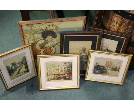 Print, The Goose Girl, by Muriel Dawson, two spy prints depicting judges, three prints depicting Parisian scenes (6)