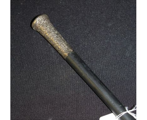 Silver tipped walking stick, scroll design surrounding an initialled plaque,silver marks well rubbed, brass ferrule