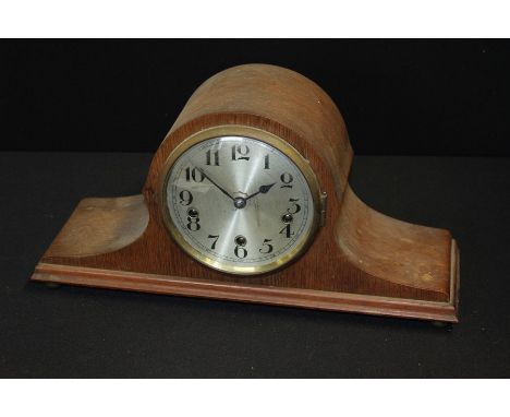 Oak cased mantel clock, the silvered dial with Arabic numerals, 43.5cm wide