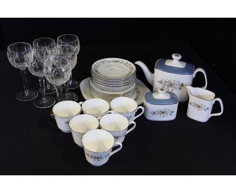 Royal Doulton Pastorale pattern tea service, consisting of teapot, milk jug, sugar bowl, cake plate, six tea cups, eight sauc