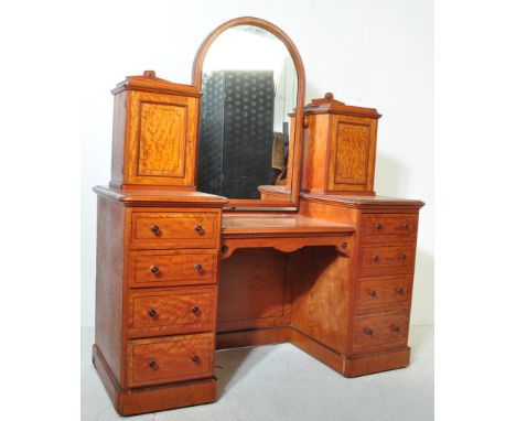 A 19th century Victorian satinwood and ebony strung inlaid drop centre dressing table with twin pedestals of drawers, further