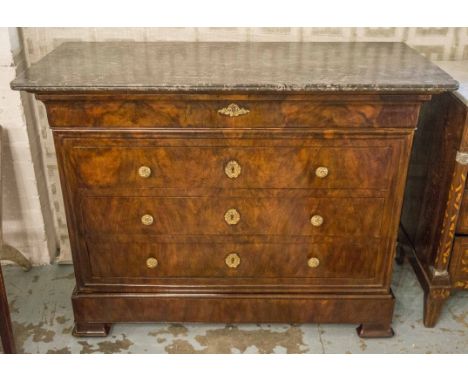 COMMODE, 19th century French Louis Philippe figured walnut and gilt metal mounted with five long drawers including a plinth d