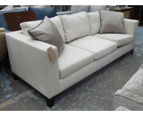 SOFA BY SWEETPEA &amp; WILLOW, three seater, in beige fabric on square ebonised supports with scatter cushions, 218cm L.