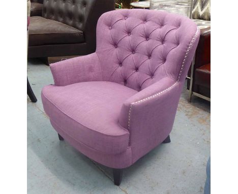 ARMCHAIR, in violet button back studded on ebonised supports, 83cm W.