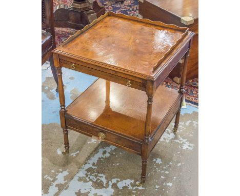 BEDSIDE/LAMP TABLES BY BRIGHTS OF NETTLEBED, a pair, George III design burr elm each with ripple gallery drawer, undertier an