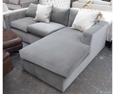 CORNER SOFA BY SOFA.COM, in grey fabric on block supports with scatter cushions, 255cm x 185cm.