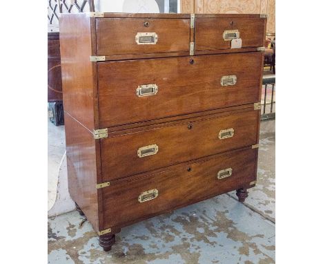 CAMPAIGN CHEST, 19th century mahogany and brass bound, in the manner of 'Army &amp; Navy' suppliers, with two short and three