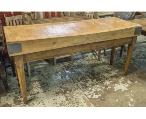 BUTCHERS BLOCK, vintage end grain maple beech and iron bound on Victorian scotch pine faceted supports, 88cm H x 183cm x 62cm