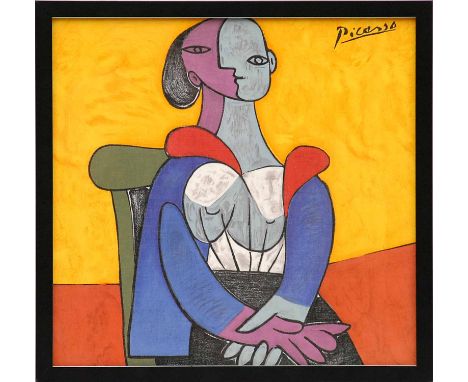 PABLO PICASSO 'Yellow Seated Woman', textile, 46cm x 48cm, framed and glazed.