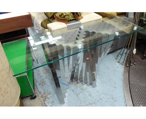 CONSOLE TABLE, contemporary Italian style design, glass top on mirrored, metal base, 150cm W x 50cm D x 77cm H. 