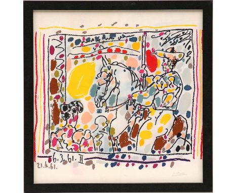 PABLO PICASSO 'Toros', textile, 40cm x 40cm, framed and glazed.