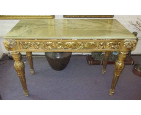 CONSOLE TABLE, early 19th century giltwood having a later rectangular marble top and a short drawer below with leaf, scroll a