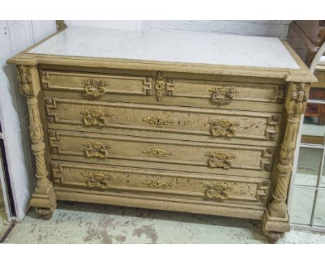 COMMODE, French oak, circa 1880 with inset white marble top above columns flanking five drawers, 88cm H x 126cm x 59cm.