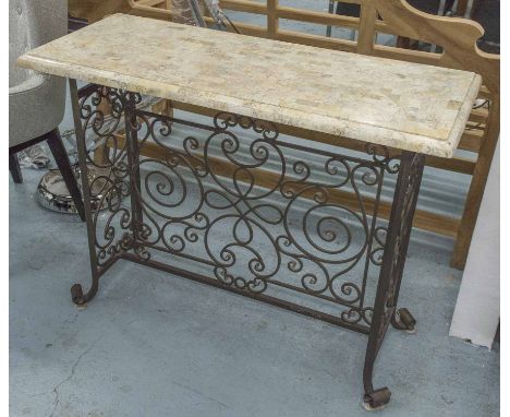 CONSOLE TABLE, wrought iron with travertine veneered top, 78cm H x 102cm W x 43cm D.