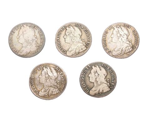 5x George II, Shillings, comprising; shilling 1734, young head, roses and plumes in angles (S.3700), Near Very Fine; shilling