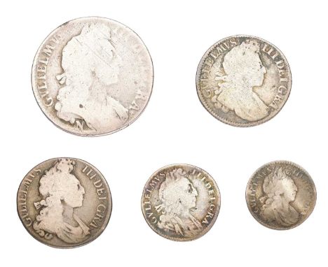 Small Assortment of William III Silver Coinage, 5 coins comprising; halfcrown 1697, Norwich mint, edge unclear (S.3491), Fair