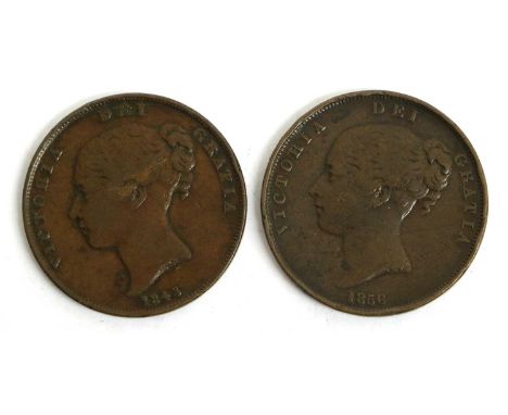 2x Key Date Victoria Pennies, 1843, no colon after REG, minor edge knock o/wise Fine; and, 1856, plain trident, close colon a