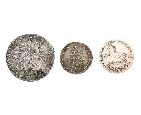 3x German and Dutch Republic Silver Coins, comprising: West Friesland, Ducatoon 1742, with ticket stating it has been recover