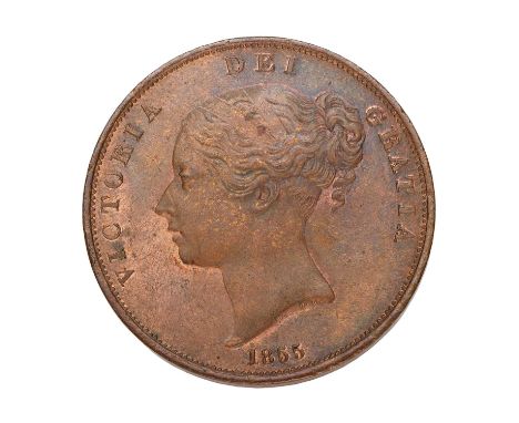 Victoria, Penny 1855, plain trident (S.3948); Extremely Fine with a good amount of original mint colour