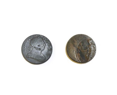 Georgian Mint Errors, 2 coins comprising, George II, halfpenny undated mis-strike, struck dramatically off-centre with a larg