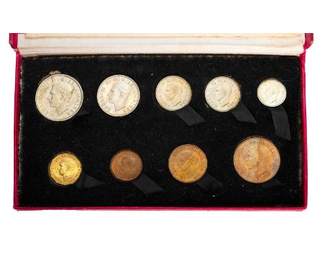 George VI, Proof Set 1950, 9 coin set, halfcrown down to farthing, all housed in red cardboard case of issue; some toning to 