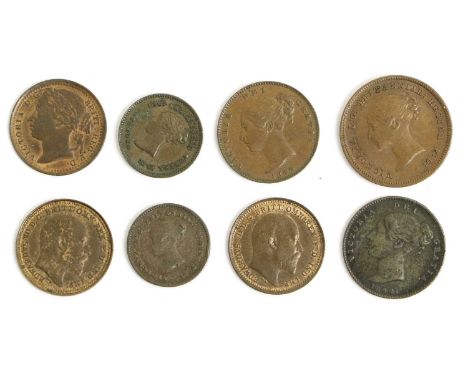 Assortment of Fractional Copper Coins; 8 coins comprising, Victoria, half farthing 1843, VF; (2x) third farthings 1844, Fine 