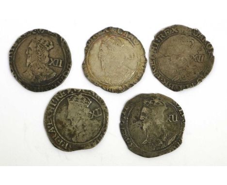 5x Charles I, Shillings, group E and F issues comprising; possibly type 4.3, mm. anchor (S.2796?), bust very worn, some edge 