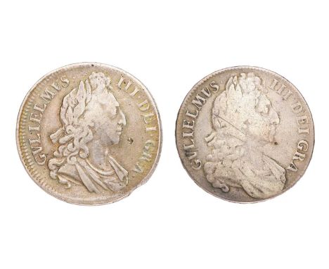 2x William III, Crowns; consisting of; 1696, OCTAVO, first bust, first harp, (Bull 995, ESC 89, S.3470) edge damage at 5 o'cl