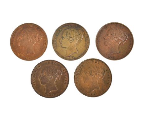 High-Grade Victoria Young Head Pennies, 5 coins comprising; 1848 ornamental trident, DEF-:, GVF; 1853 ornamental trident, GVF