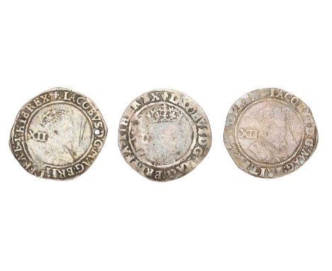 3x James I, Shillings, comprising: shilling, second coinage (1604-1619) 5.73g mm. coronet, fourth bust (S.2655), some scratch