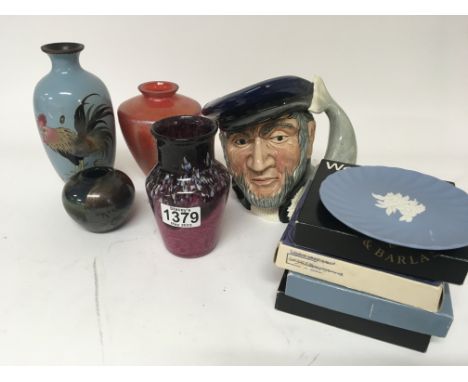 Three modern design art glass vases a Doulton caricature jug a CloisonnÃ© vase (damaged) small Wedgwood boxed dishes (a lot)