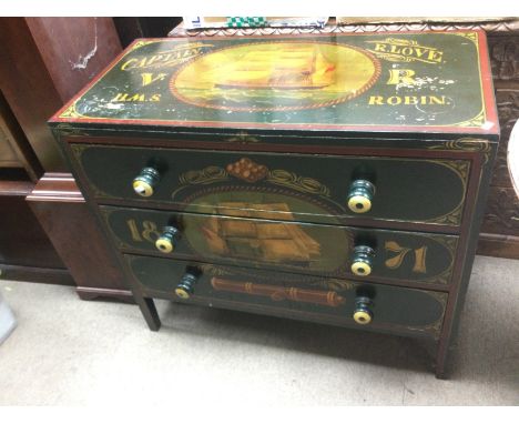 A painted three drawer chest dated 1871 with script dedication to Captain R Love of HMS Robin, later painted. Approx 43cm x 8