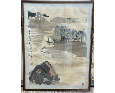 A framed Chinese scroll painting of a Chinese mountain landscape and lake, 101 x 75cm (D).