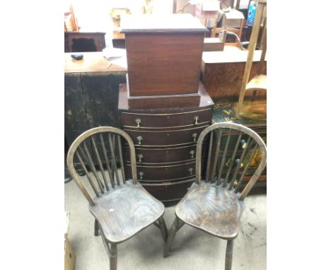 Two elm chairs, a mahogany commode and an oak bow fronted chest of drawers (4). Shipping category D.